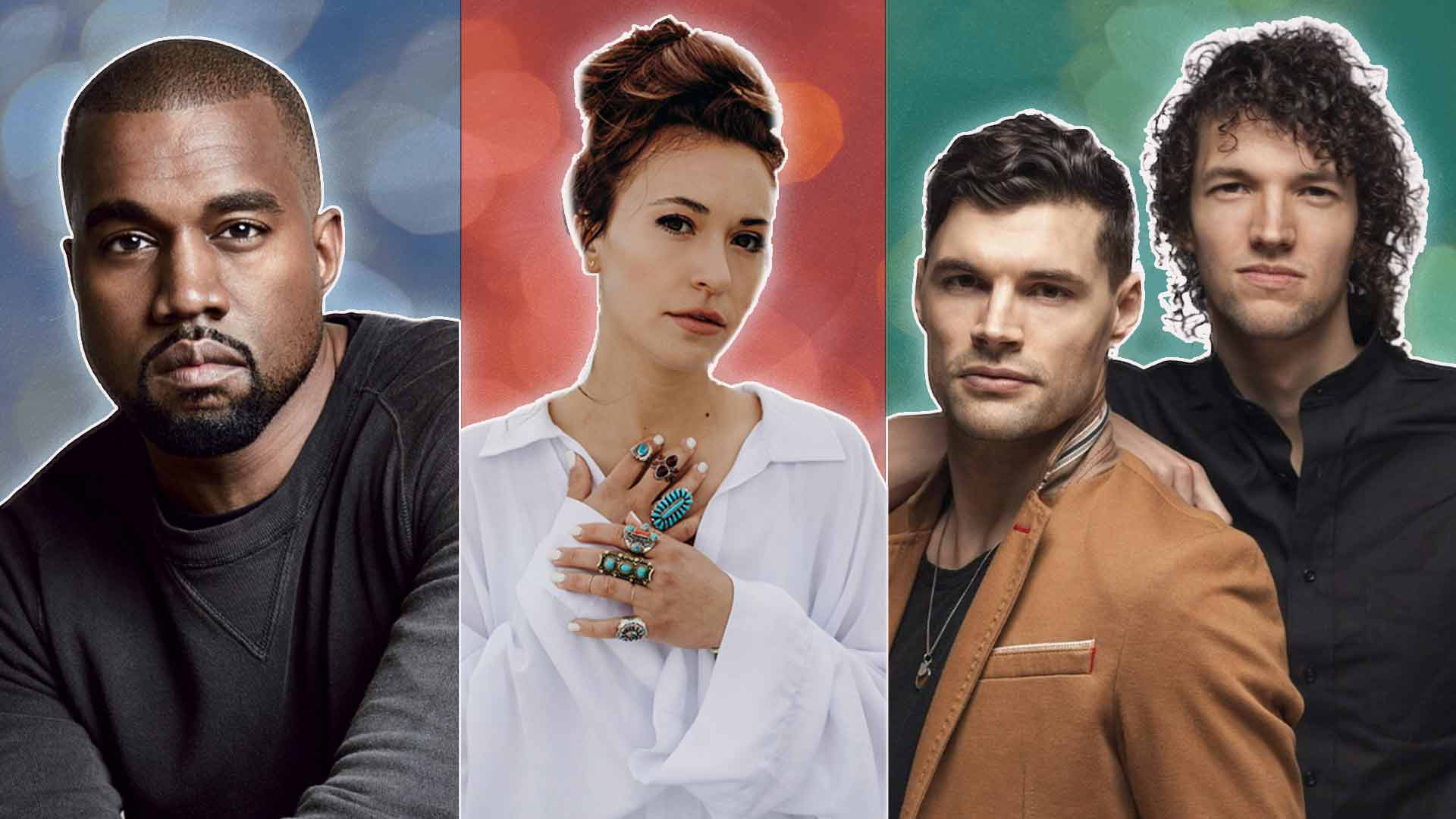 Kanye West, Lauren Daigle, & Joel and Luke Smallbone of For King and Country cutout on a multicolored background